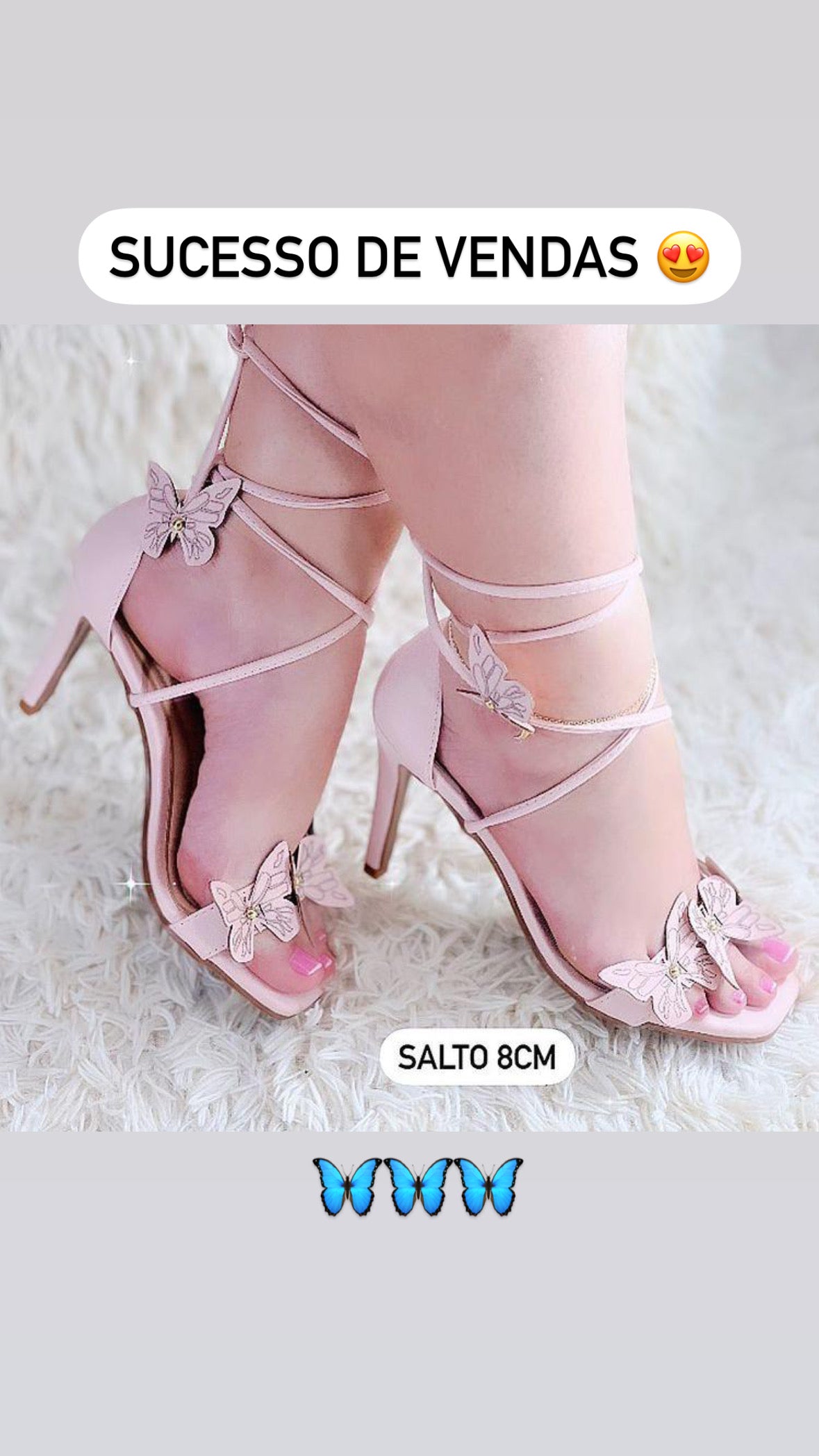 Sandália 3 Borboletas Amarração Salto Fino Rosa Bebê (6018)